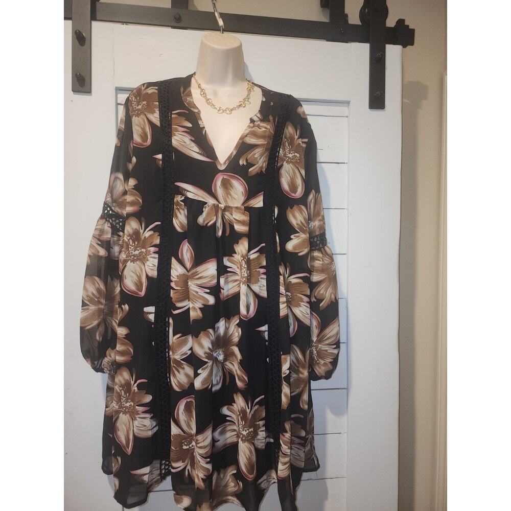 Entro Women's Black/Brown Floral Print Mini Dress Size Large Embroidered - Picture 12 of 16